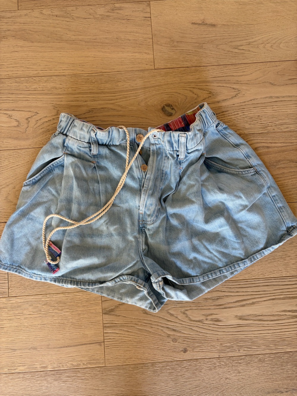 We The Free Light Blue Washed Denim Drawstring Shorts